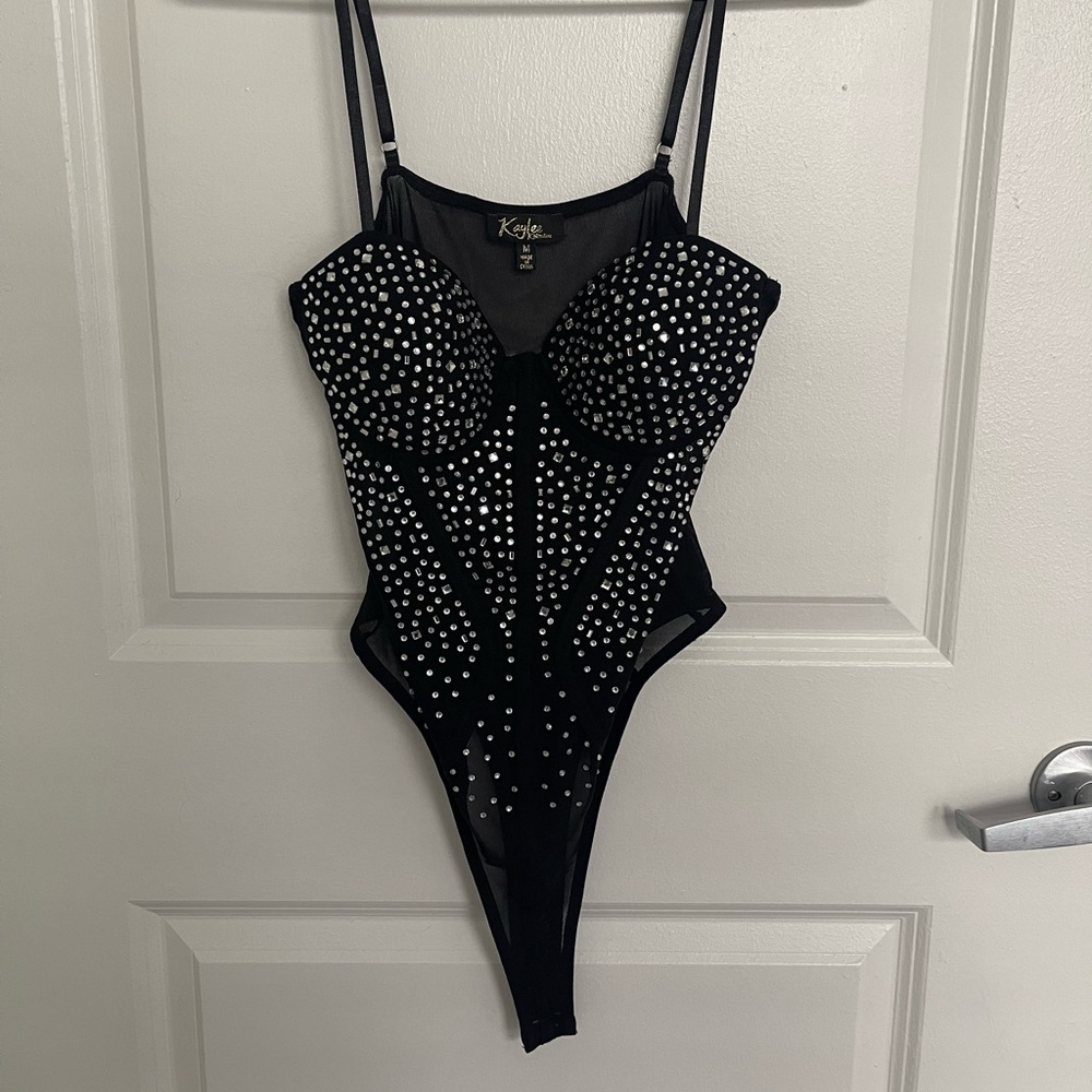 Rhinestone silver and black mesh bodysuit